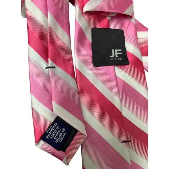 Vintage J Ferrar Skinny 1990s Pink Striped Polyester Mens Neck Tie Necktie - Picture 3 of 3